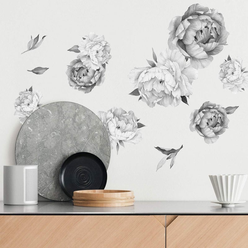 DesignStickers Peony Watercolor Wall Decals (Black and White Watercolor) - Flowers Decals for Wall - Botanical Bedroom Decor - Floral Peonies Grey Wall Stickers with Test Sample - Image 1